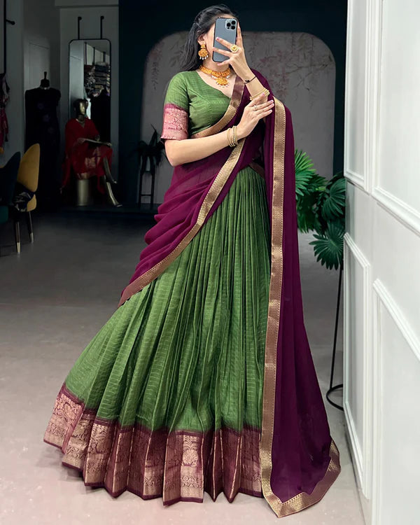 Womenline Mehndi Color Dola Chex Zari Weaving Half Saree