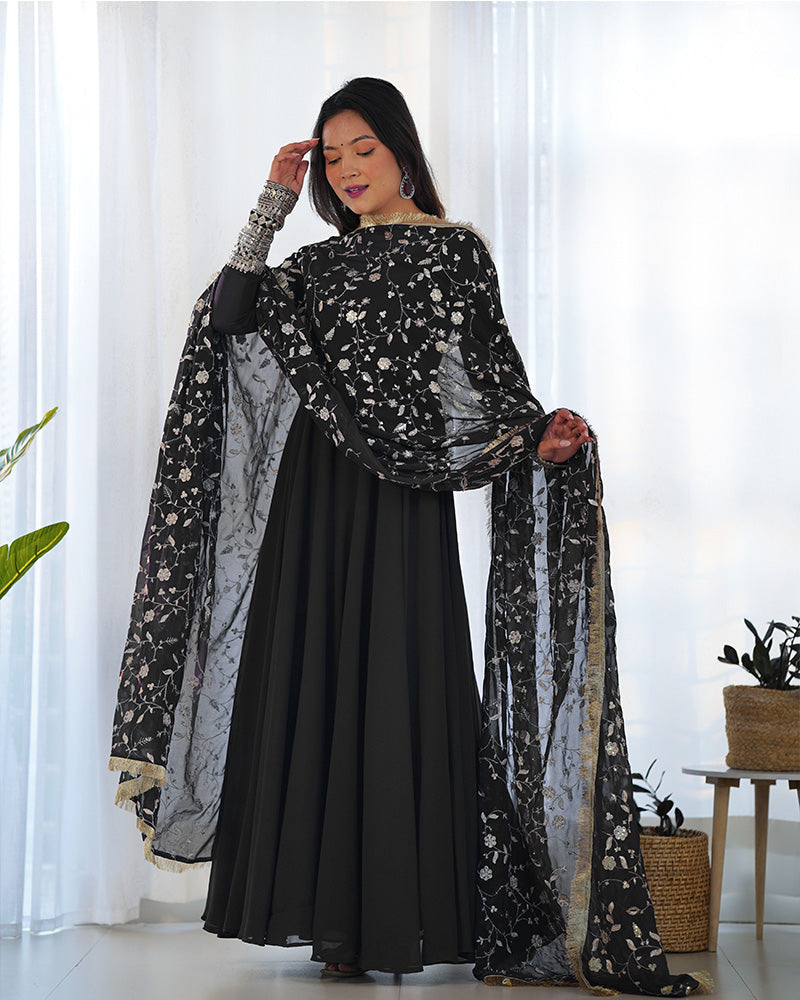 Womenline Black Color Soft Georgette Anarkali Gown With Heavy Embroidery Work Dupatta