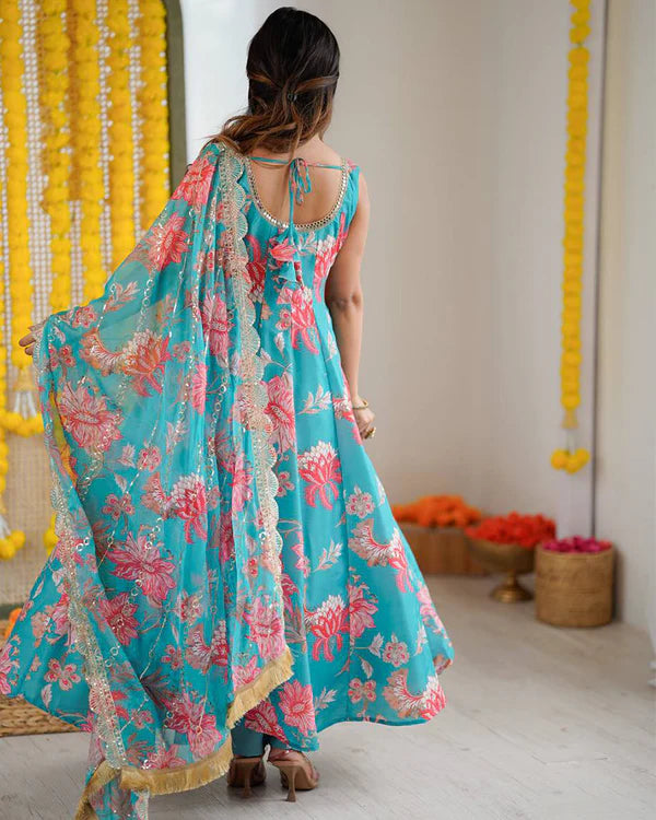 Womenline Sky Blue Color Pure Muslin Cotton Three Piece Anarkali Suit