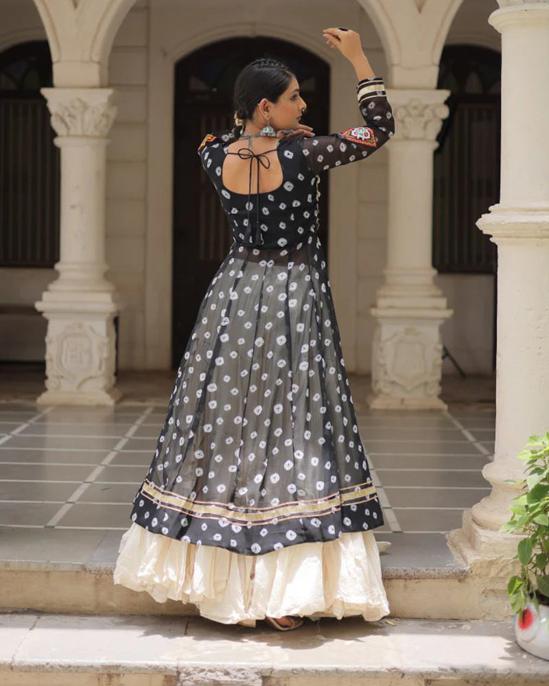 Womenline Black Color Bandhani Print Kurti With Kora Cotton Lehenga