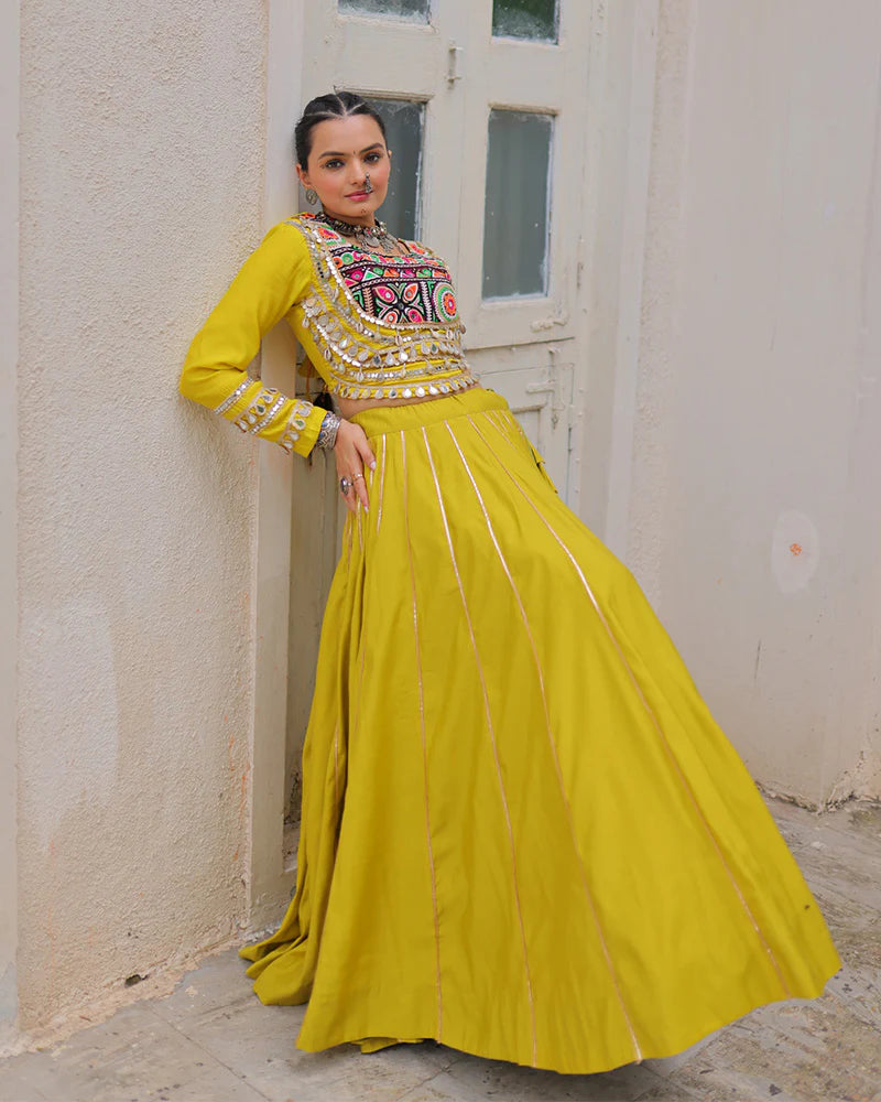 Womenline Parrot Green Color Roman Silk Navratri Lehenga Choli