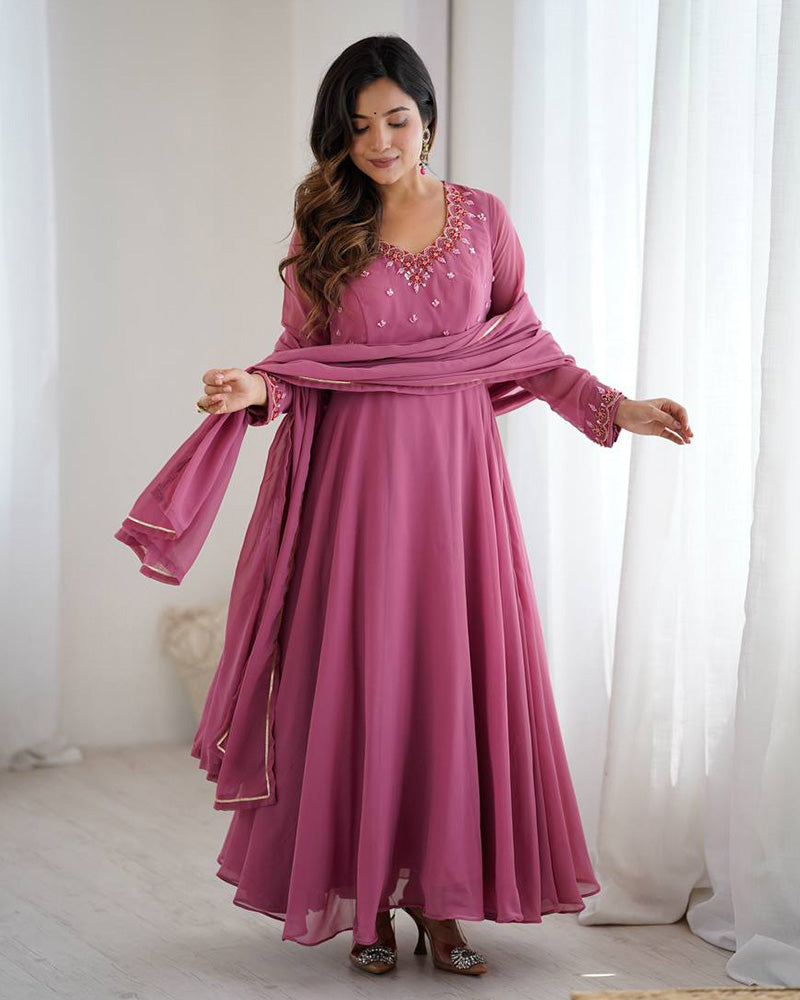 Womenline Dusty Onion Color Georgette Three Piece Anarkali Suit