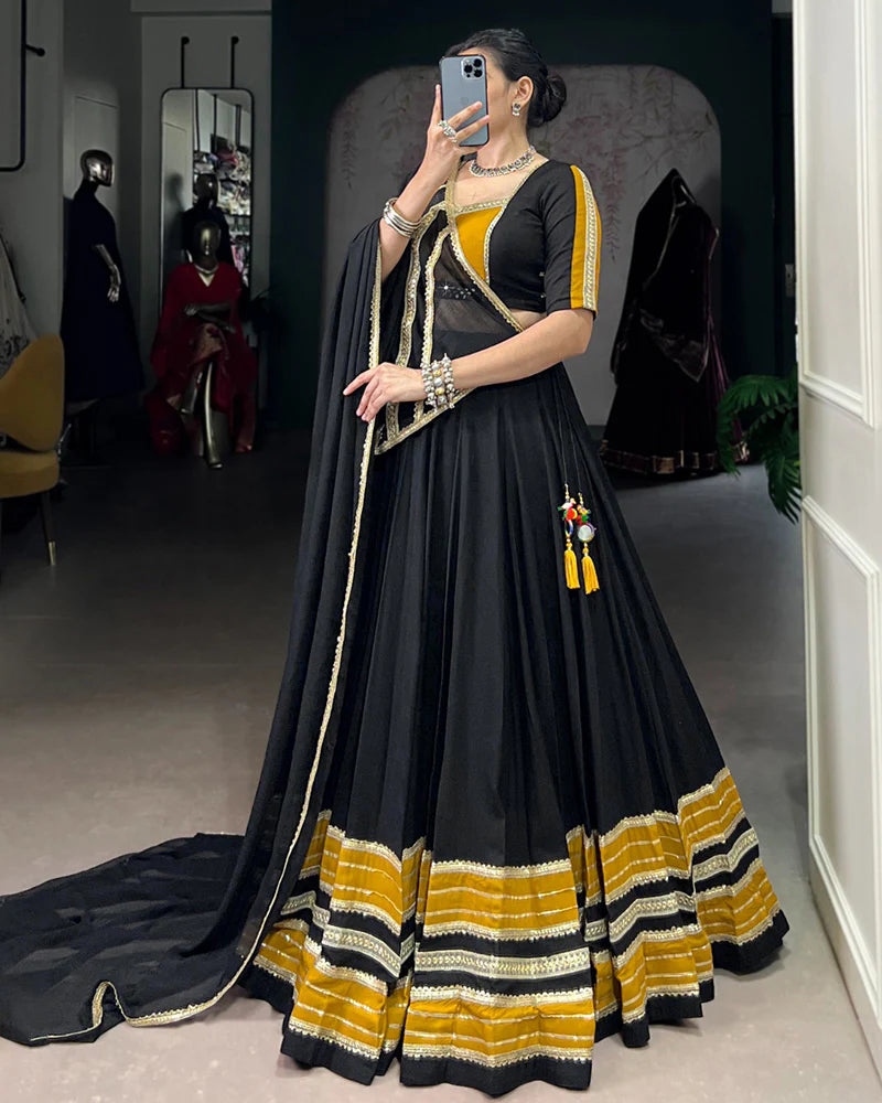 Womenline Black and Mustard Navratri Flared Navratri Lehenga Choli Set