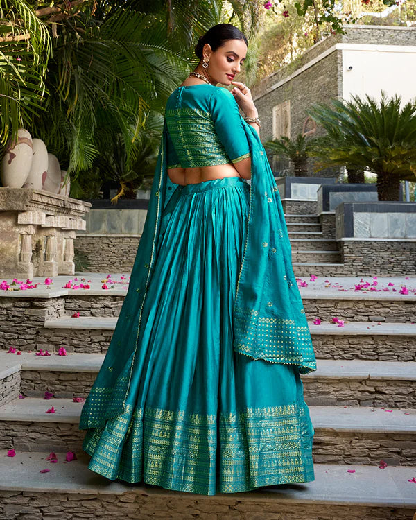 Womenline Sky Blue Color Pure Chanderi Plain Navratri Half Saree