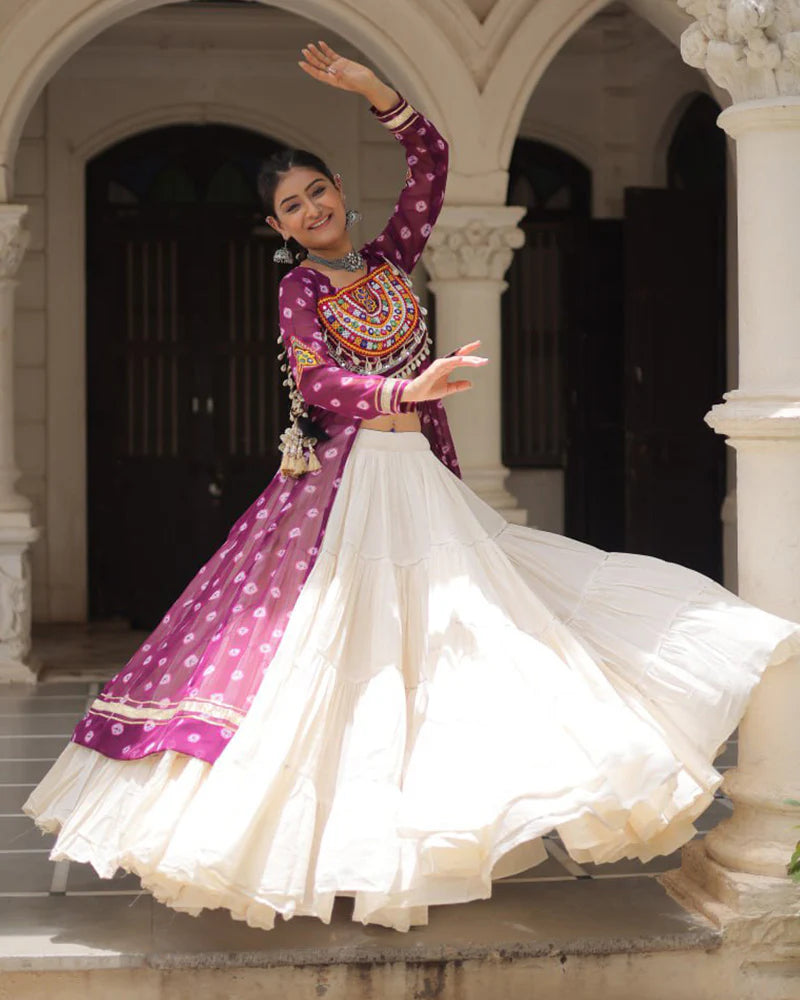 Womenline Purple Color Bandhani Print Kurti With Kora Cotton Lehenga
