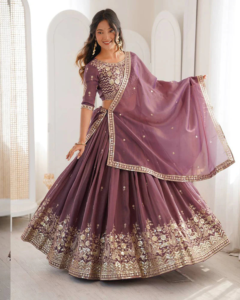 Womenline Blend Purple Color Shimmer Silk Lehenga Choli