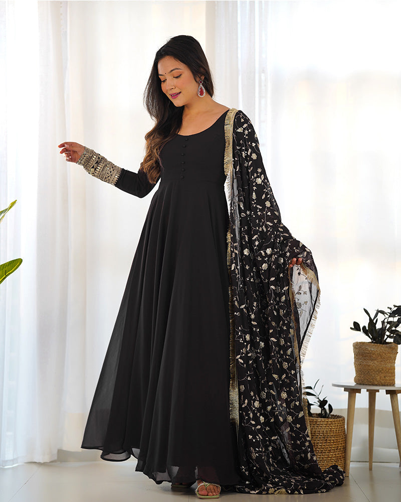 Womenline Black Color Soft Georgette Anarkali Gown With Heavy Embroidery Work Dupatta