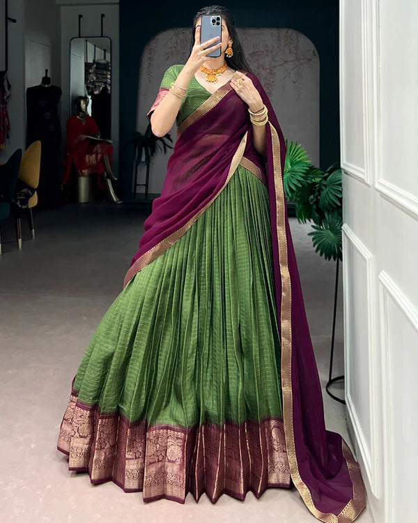 Womenline Mehndi Color Dola Chex Zari Weaving Half Saree