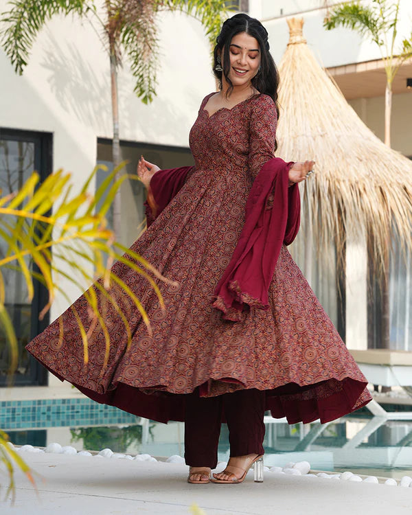 Womenline Traditional Ajrakh Print Maroon Cotton Anarkali Suit
