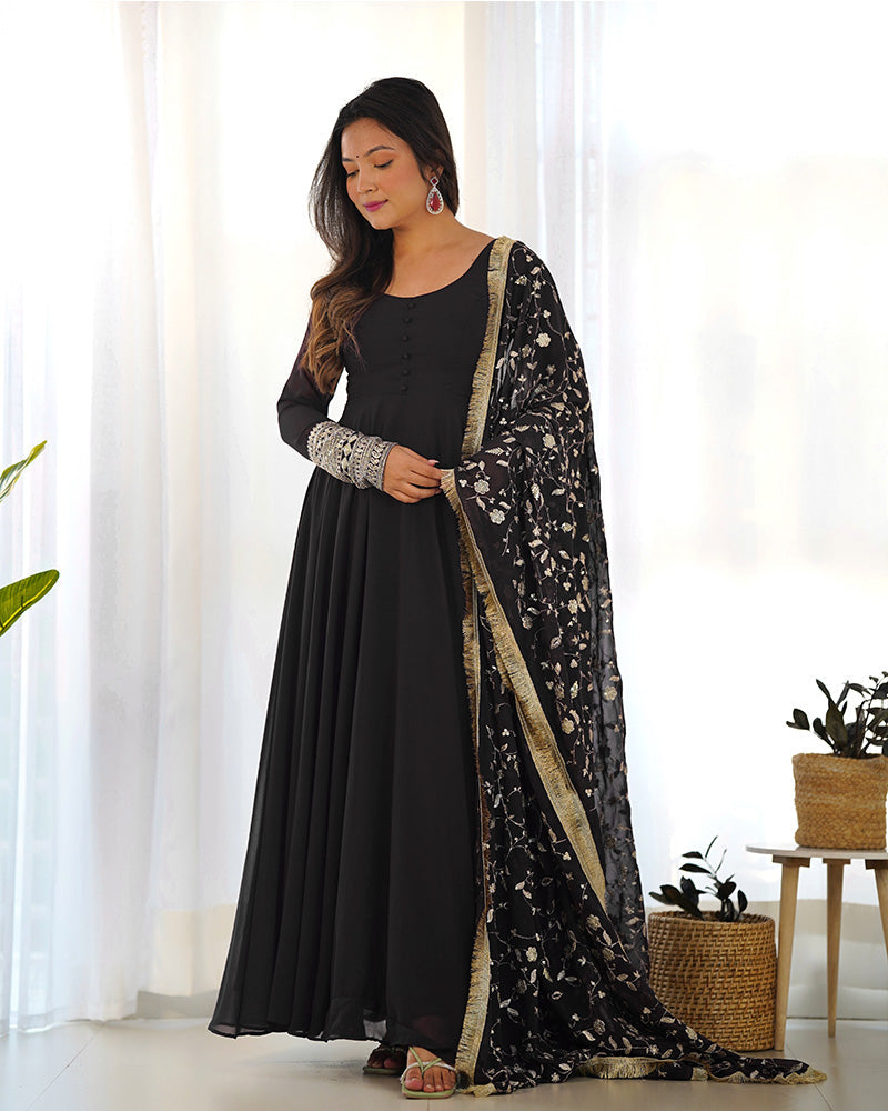 Womenline Black Color Soft Georgette Anarkali Gown With Heavy Embroidery Work Dupatta
