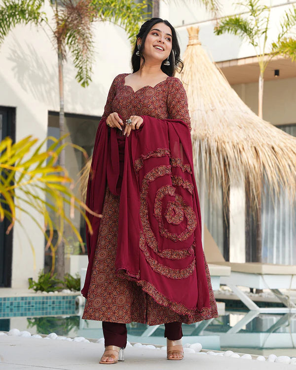 Womenline Traditional Ajrakh Print Maroon Cotton Anarkali Suit