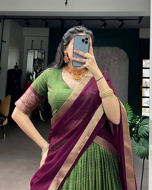 Womenline Mehndi Color Dola Chex Zari Weaving Half Saree