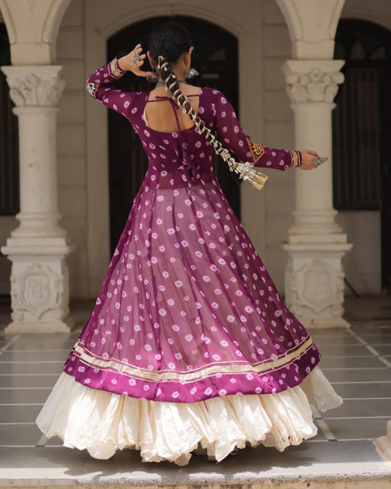 Womenline Purple Color Bandhani Print Kurti With Kora Cotton Lehenga