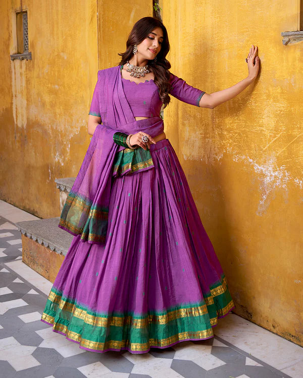 Womenline Elegant Purple Chanderi cotton half saree lehenga choli
