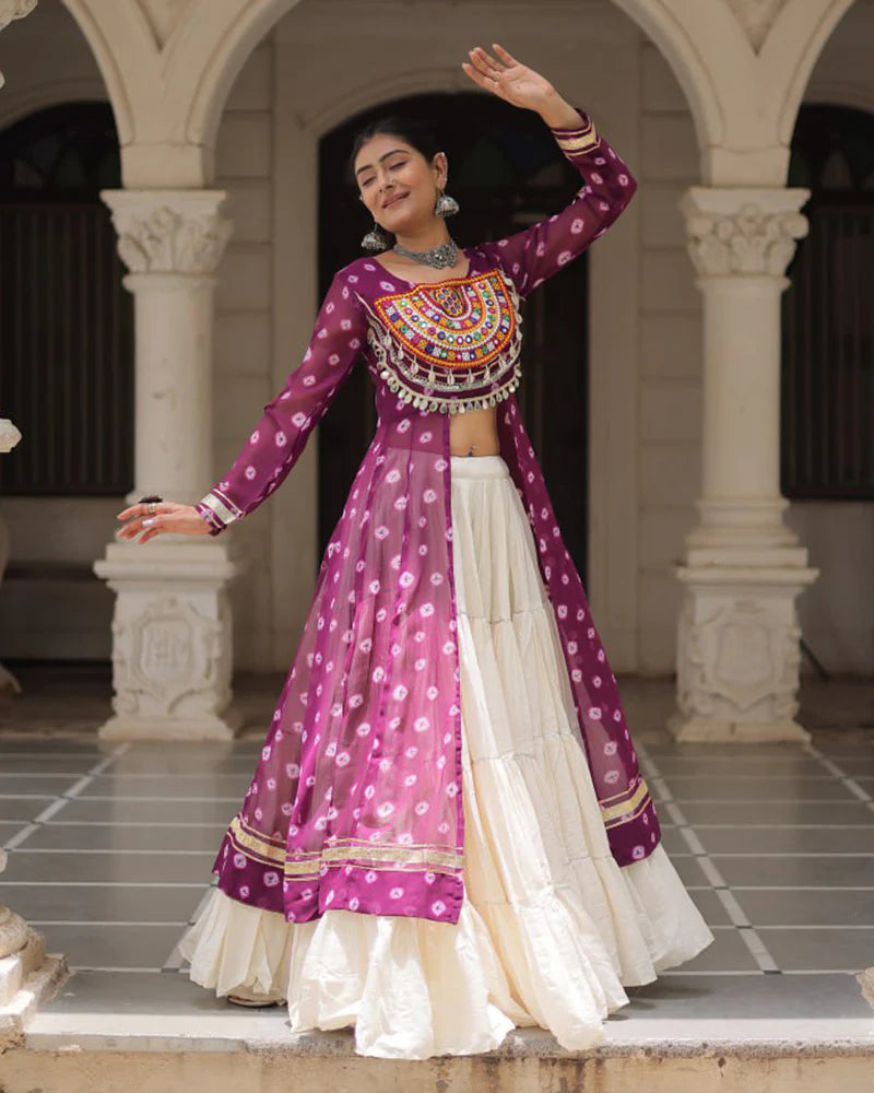 Womenline Purple Color Bandhani Print Kurti With Kora Cotton Lehenga