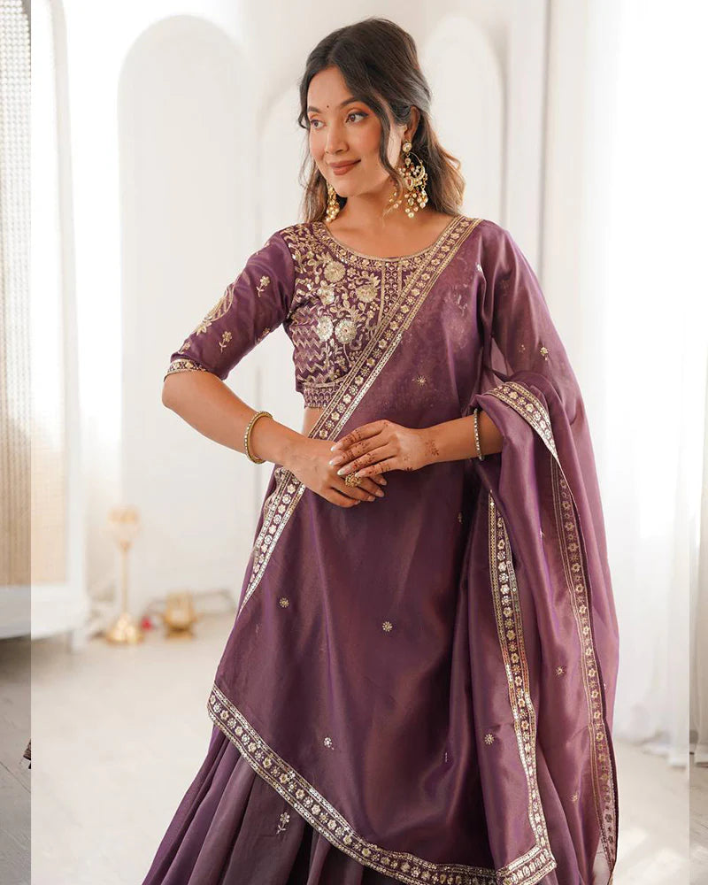 Womenline Blend Purple Color Shimmer Silk Lehenga Choli