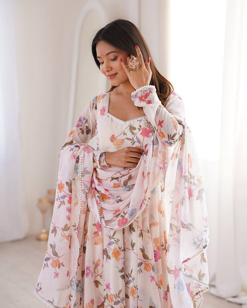 Womenline White Color Georgette Three Piece Anarkali Suit