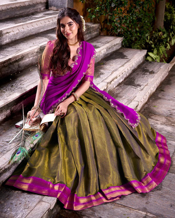Womenline Designer Mehndi Color Kanchipuram Zari Weaving Half Saree