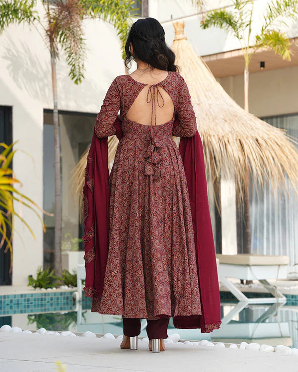 Womenline Traditional Ajrakh Print Maroon Cotton Anarkali Suit