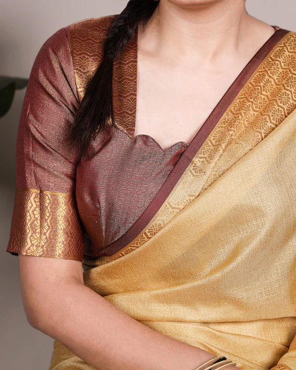 Womenline Cream Color Zari Weaving Poly Cotton Saree