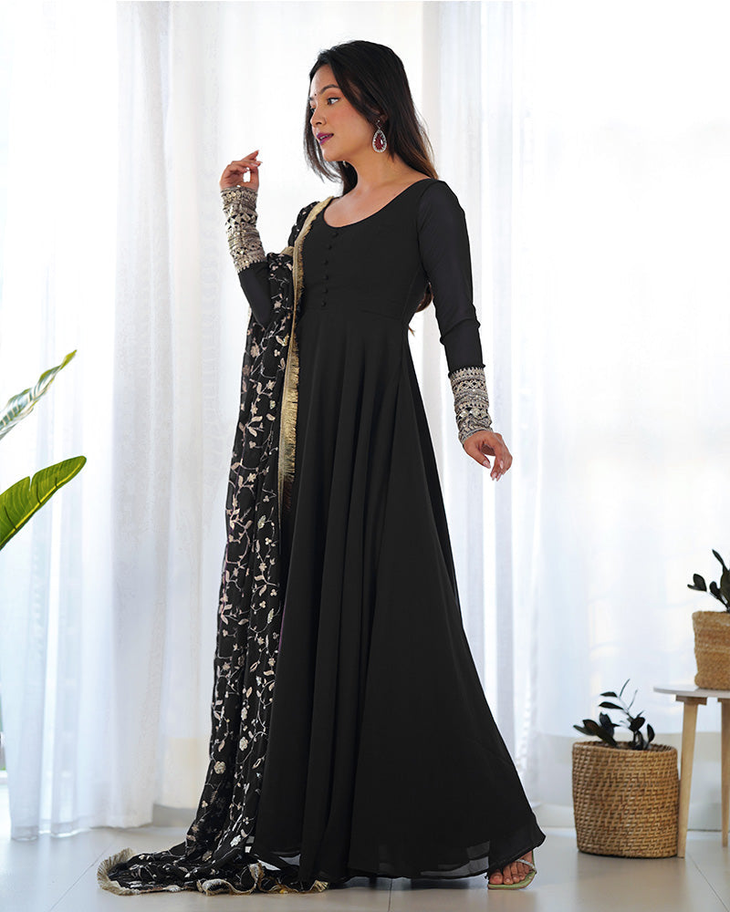 Womenline Black Color Soft Georgette Anarkali Gown With Heavy Embroidery Work Dupatta