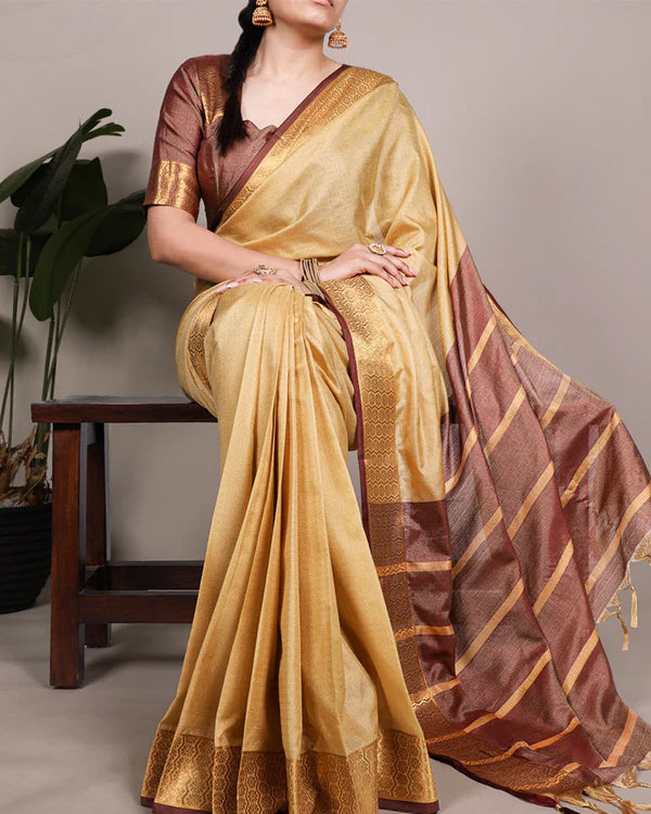 Womenline Cream Color Zari Weaving Poly Cotton Saree