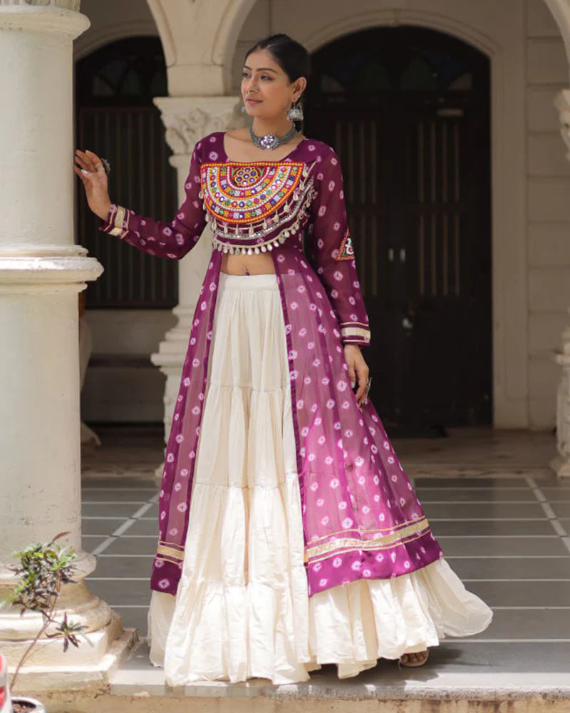 Womenline Purple Color Bandhani Print Kurti With Kora Cotton Lehenga