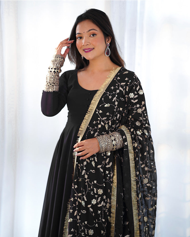 Womenline Black Color Soft Georgette Anarkali Gown With Heavy Embroidery Work Dupatta