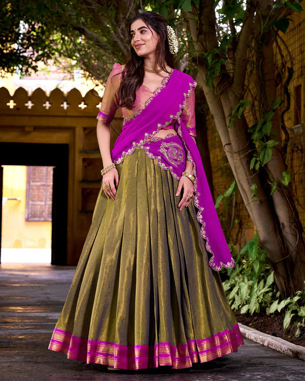 Womenline Designer Mehndi Color Kanchipuram Zari Weaving Half Saree