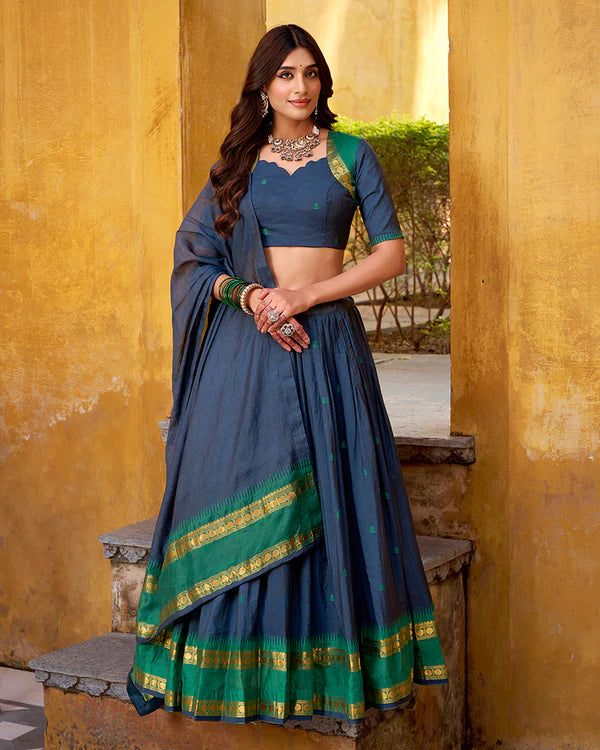 Womenline Elegant Navy Blue Chanderi Cotton half saree lehenga choli