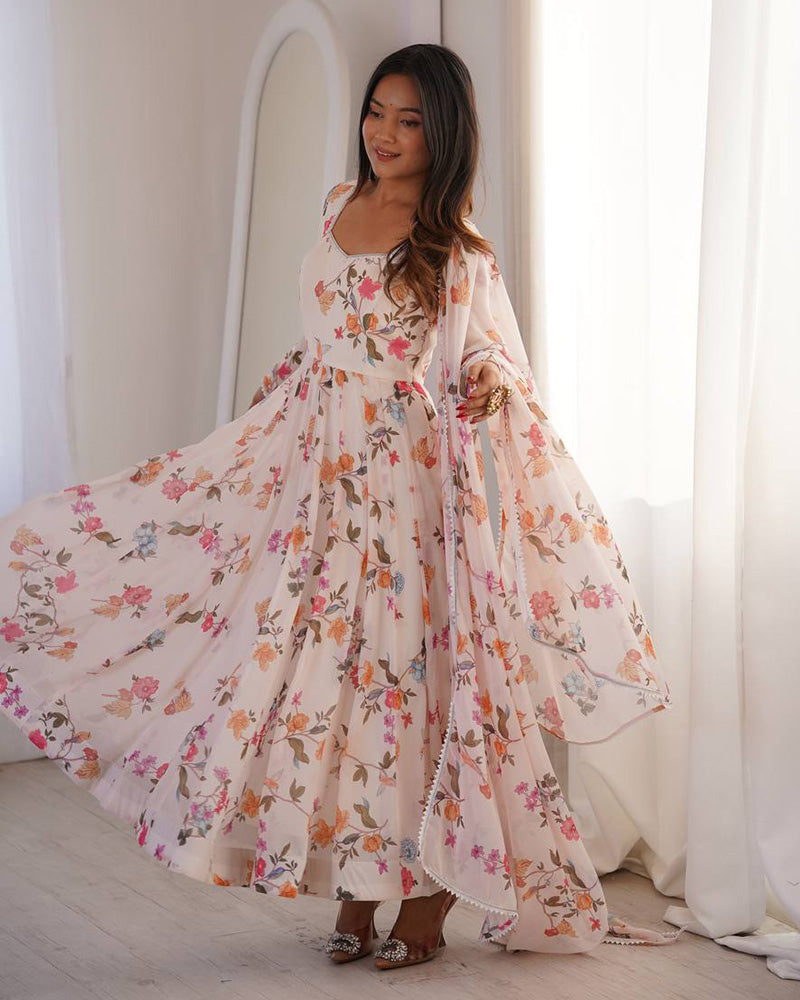 Womenline White Color Georgette Three Piece Anarkali Suit