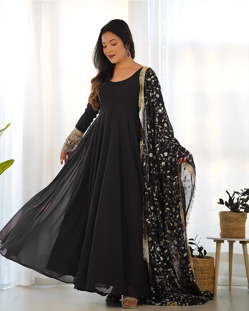 Womenline Black Color Soft Georgette Anarkali Gown With Heavy Embroidery Work Dupatta