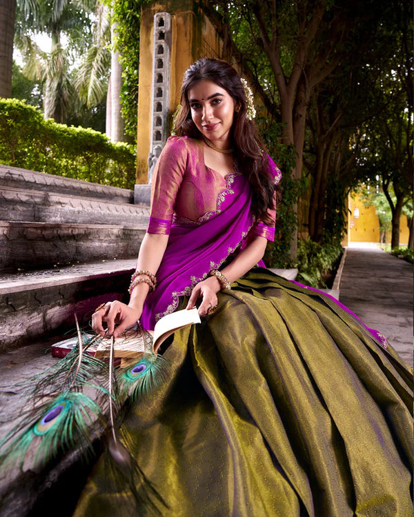 Womenline Designer Mehndi Color Kanchipuram Zari Weaving Half Saree