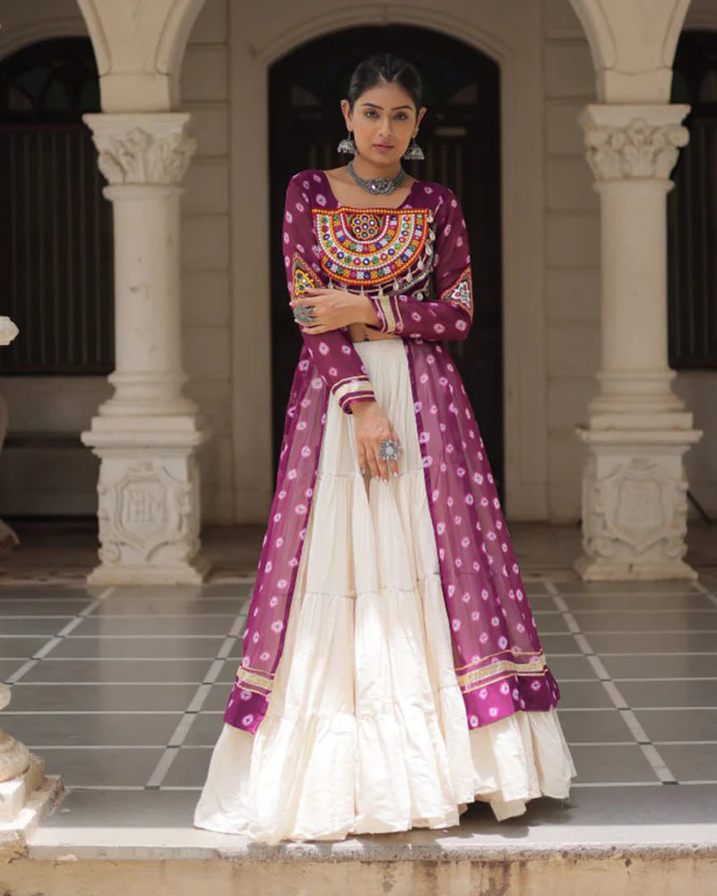 Womenline Purple Color Bandhani Print Kurti With Kora Cotton Lehenga