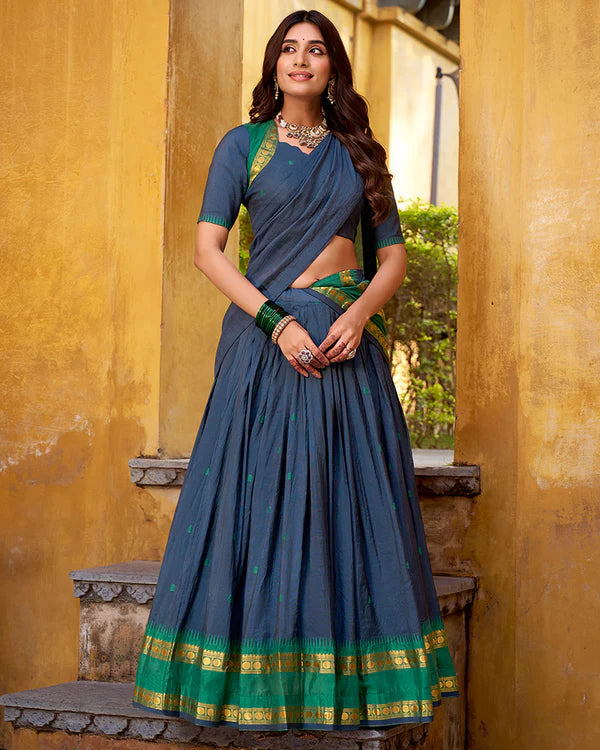 Womenline Elegant Navy Blue Chanderi Cotton half saree lehenga choli