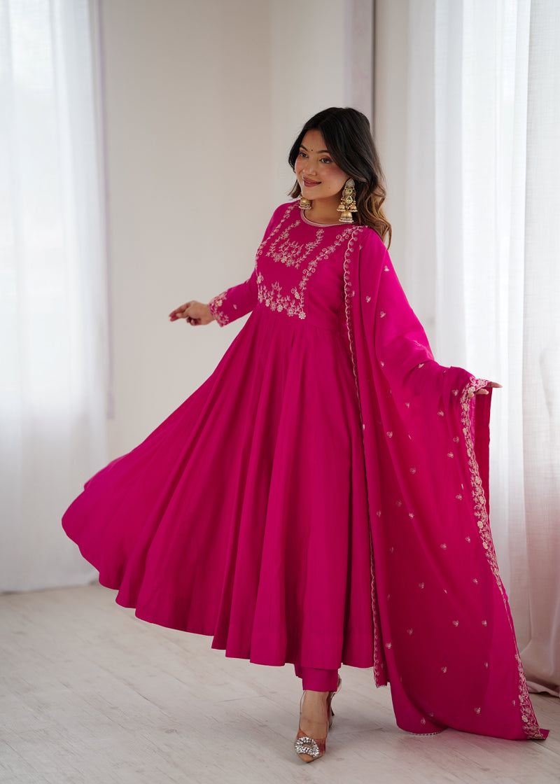 Womenline Rani Pink Color Chanderi Silk Three Piece Anarkali Suit