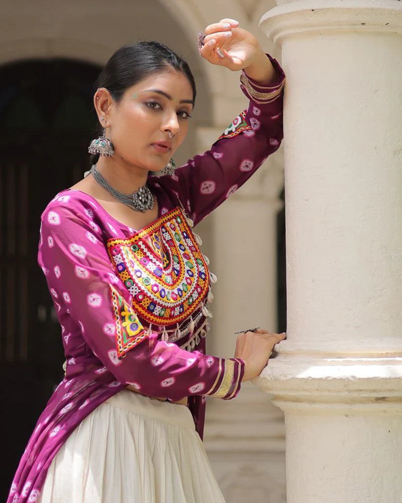 Womenline Purple Color Bandhani Print Kurti With Kora Cotton Lehenga