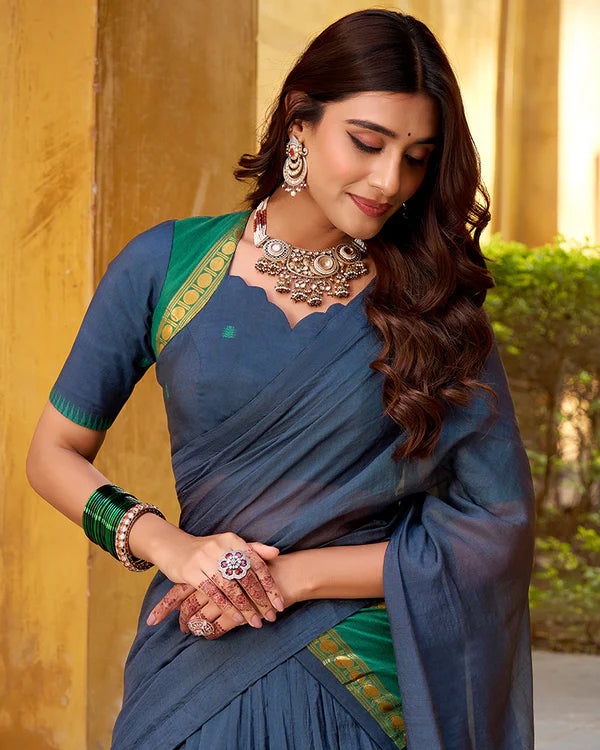 Womenline Elegant Navy Blue Chanderi Cotton half saree lehenga choli