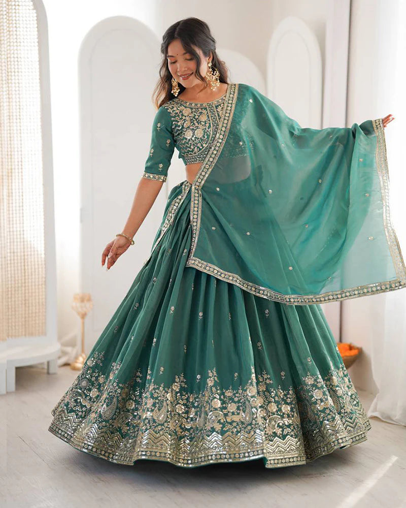 Womenline Teal Green Color Shimmer Silk Lehenga Choli