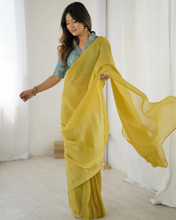 Womenline Lime Yellow Color Sparkle Silk Saree