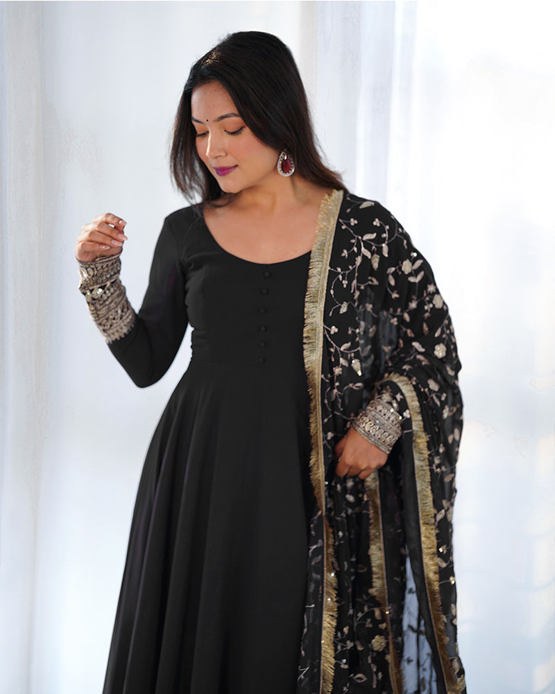 Womenline Black Color Soft Georgette Anarkali Gown With Heavy Embroidery Work Dupatta