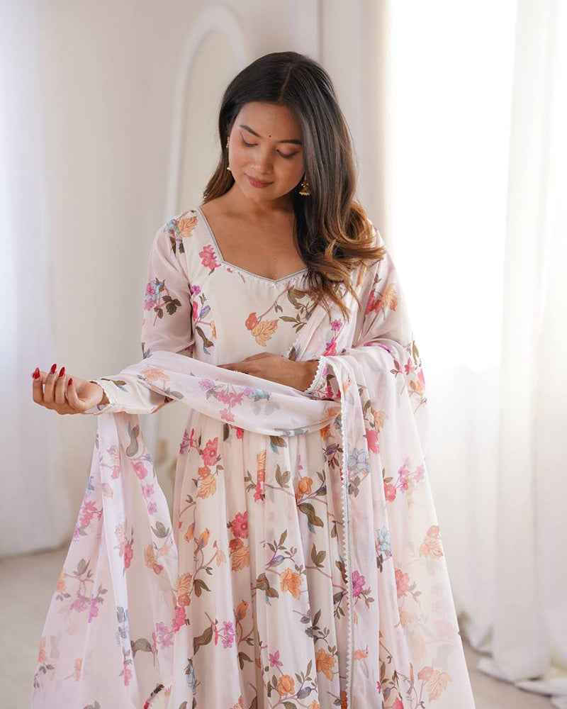 Womenline White Color Georgette Three Piece Anarkali Suit