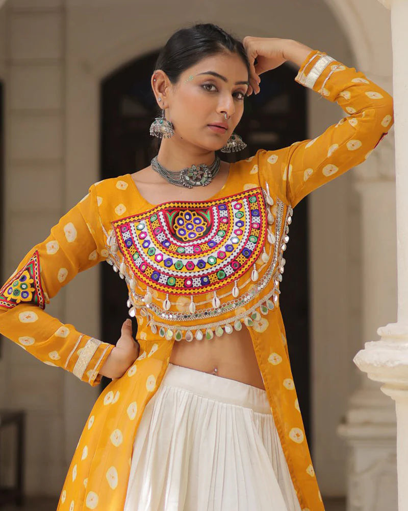 Womenline Yellow Color Bandhani Print Kurti With Kora Cotton Lehenga