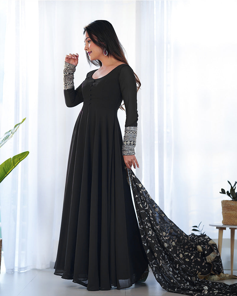 Womenline Black Color Soft Georgette Anarkali Gown With Heavy Embroidery Work Dupatta