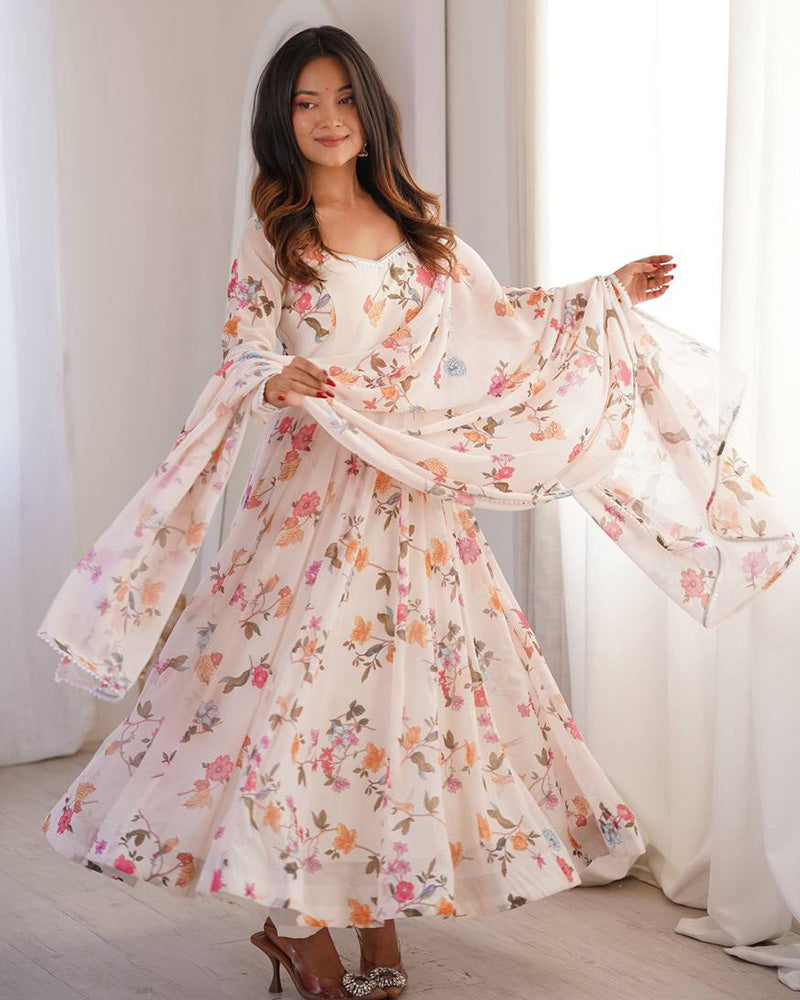 Womenline White Color Georgette Three Piece Anarkali Suit