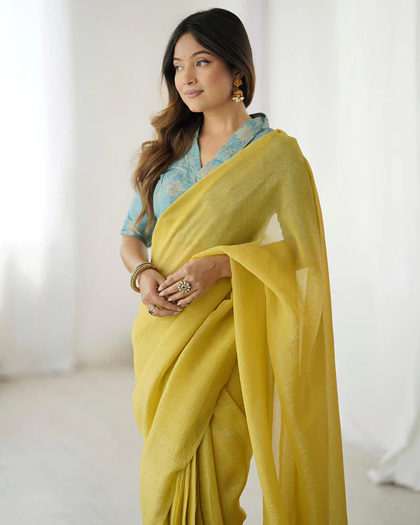 Womenline Lime Yellow Color Sparkle Silk Saree