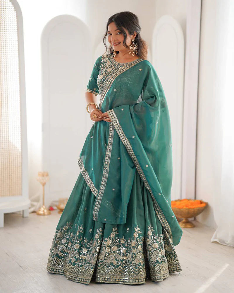 Womenline Teal Green Color Shimmer Silk Lehenga Choli