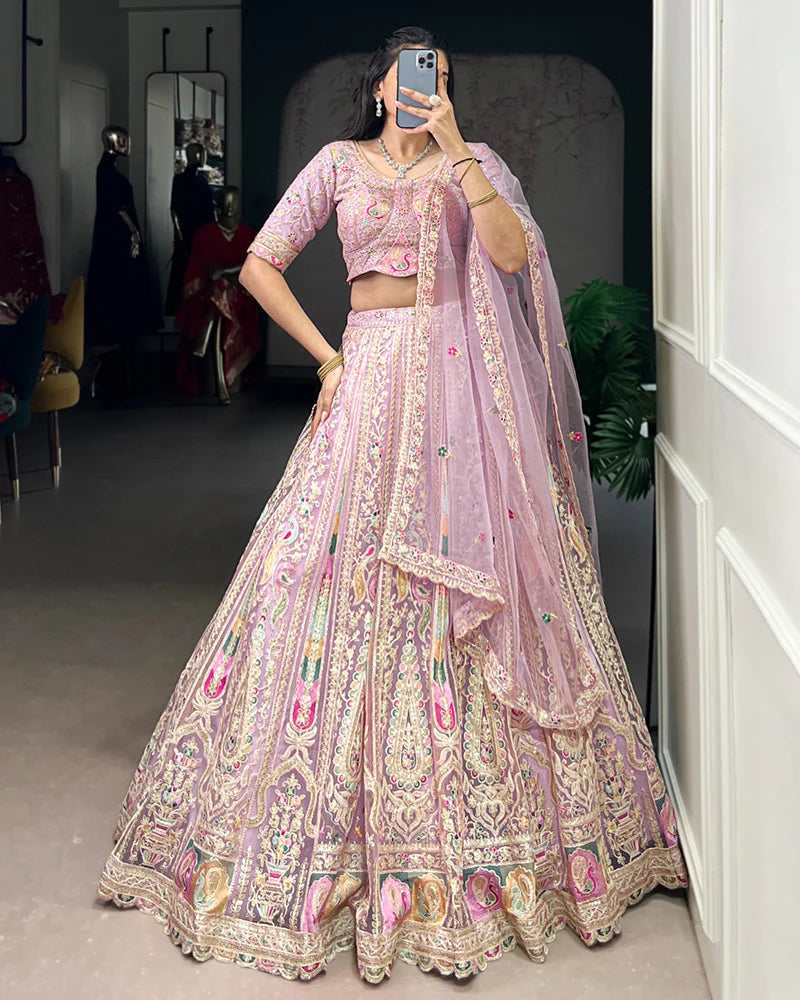 Womenline Lavender Color Soft Net Embroidered Lehenga Choli