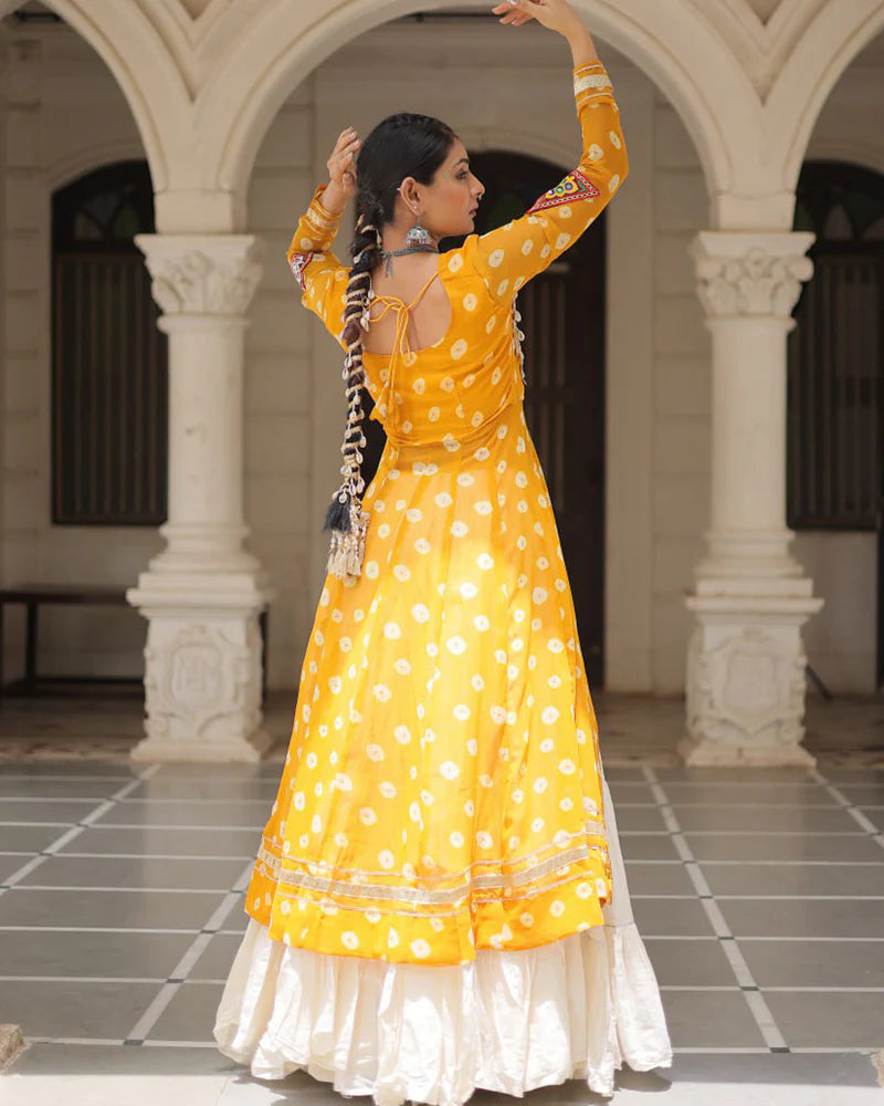 Womenline Yellow Color Bandhani Print Kurti With Kora Cotton Lehenga