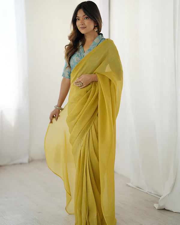 Womenline Lime Yellow Color Sparkle Silk Saree
